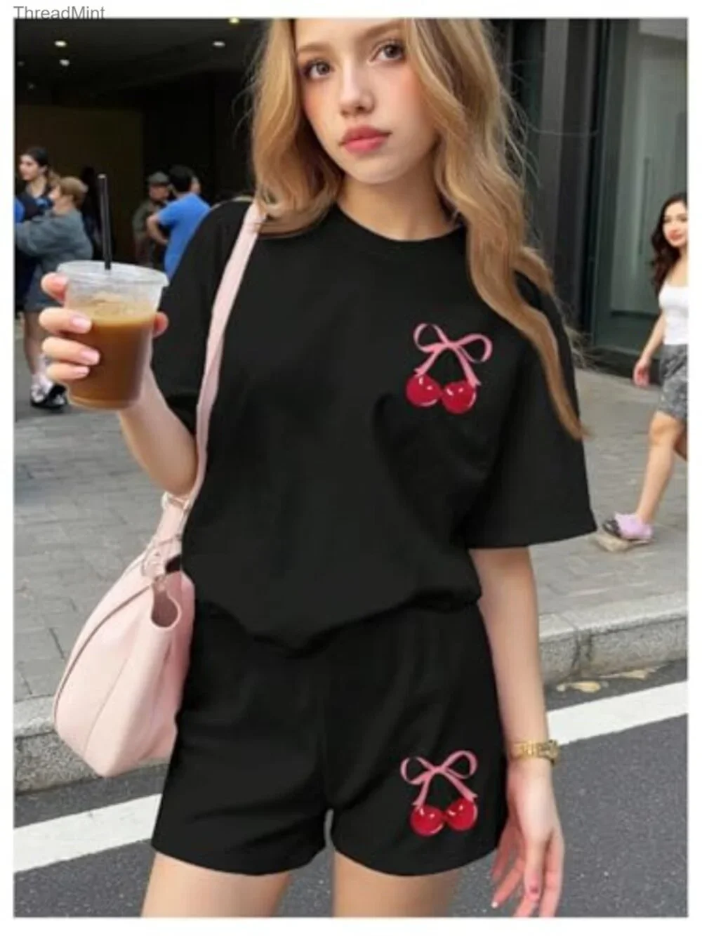 Girls 2 Piece Set Cherry Graphic Tee and Shorts Summer